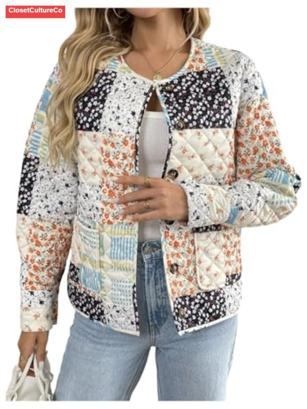 Quilted Floral Patchwork Button Down Long Sleeve Jacket